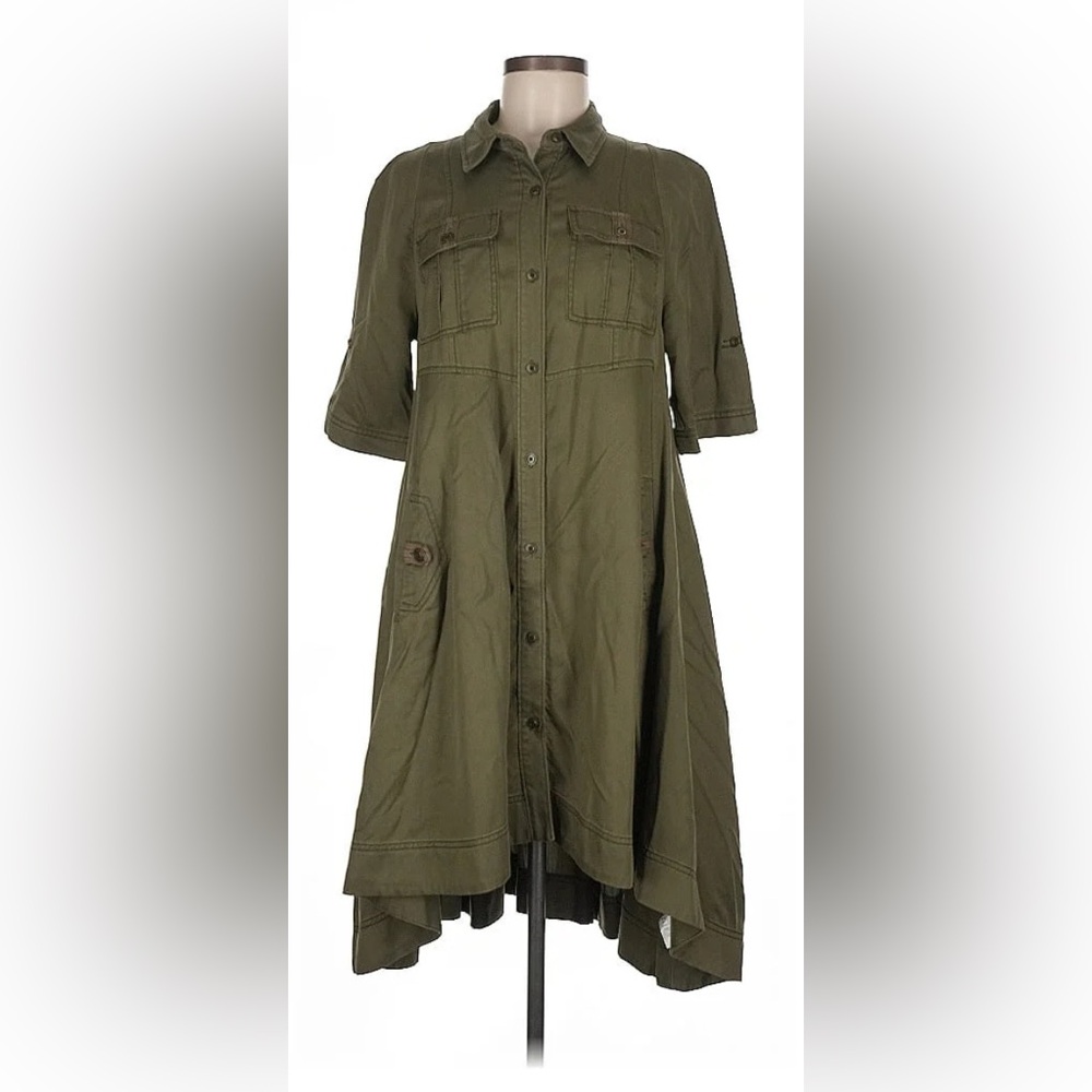 Anthropologie Holding Horses Low High Olive Green Button Down Dress - Size 4